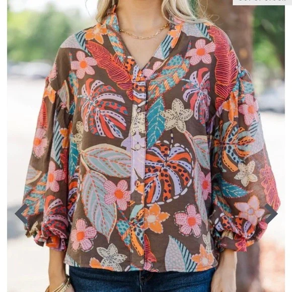 Fate What You're Worth Brown Floral Blouse Womens Medium - Picture 12 of 12